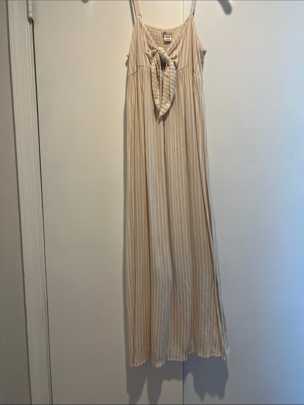 Light Beige Striped Maxi Dress with Front Tie